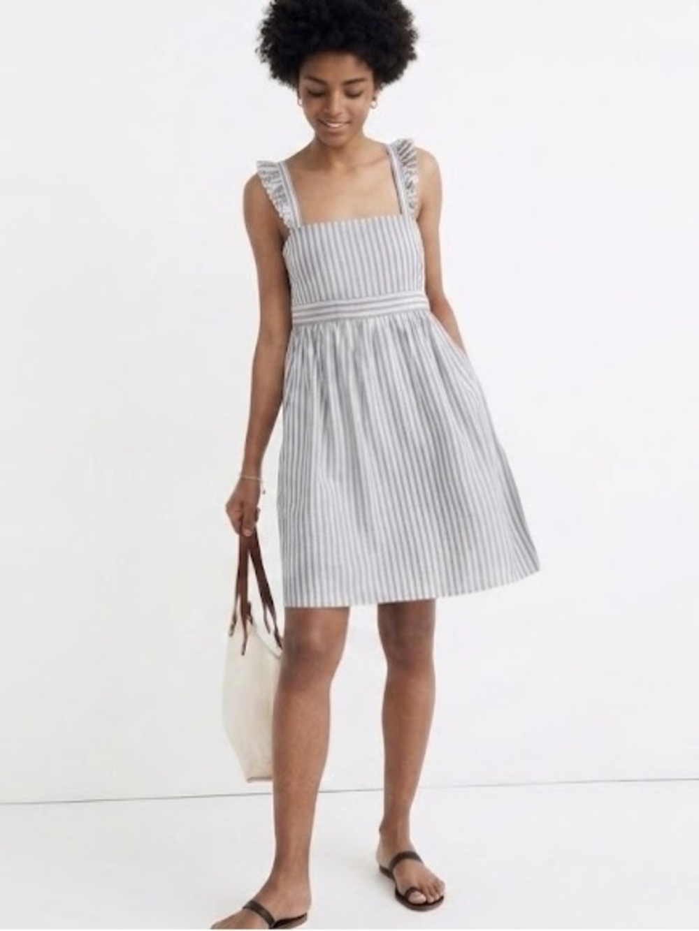 NWT Madewell Vertical Stripes Ruffle Strap Empire Dress Gray White Plus Size 18